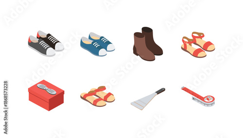 Isometric collection of shoes and accessories including boots, sneakers, sandals, shoe box, and tools