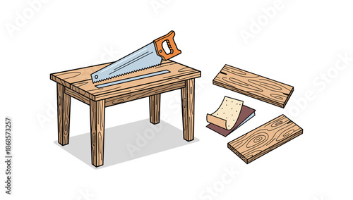 Rustic toolbox essentials with wooden saw horse, hand saw, and planks for carpentry projects