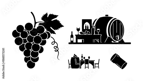 Silhouette winery elements: grapes, barrel, and wine tasting scene illustration