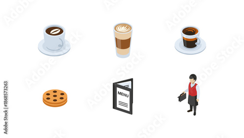 Isometric café elements: coffee, pastry, menu, waiter in modern style