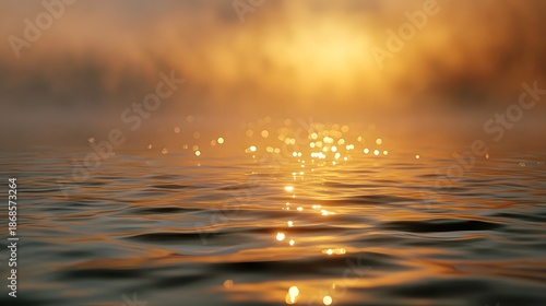 Panel kuchenny z motywem Serene golden hour light shimmering on tranquil water surface with atmospheric mist in the background