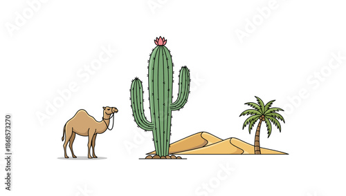 Desert oasis with camel, cactus, and palm trees on sandy dunes