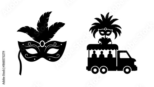 Carnival celebrations: silhouette of masks and parade floats with vibrant feather designs