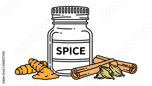 Spices jar with turmeric, cardamom, and cinnamon sticks in outline style