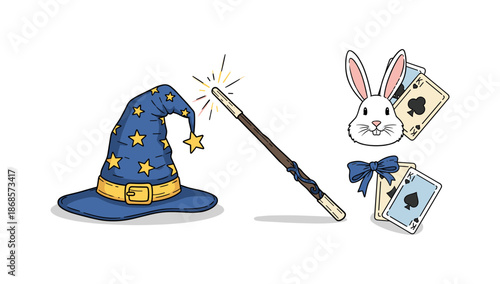 Magic hat and wand with rabbit and cards on white background