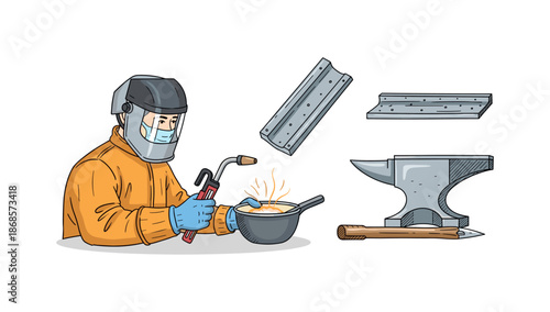 Craftsman welding metal with safety gear and tools in detailed cartoon style