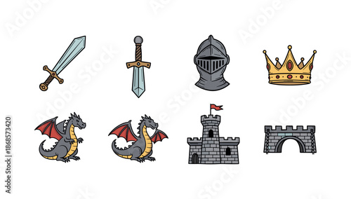 Medieval icons: sword, dragon, knight helmet, and castle in colorful flat design