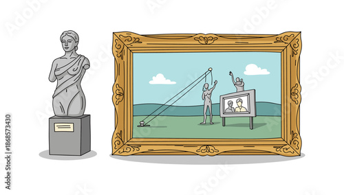 Surreal art scene with classical sculpture and framed art in elegant gold frame