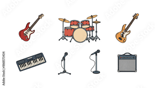 Musical instruments set: drums, guitars, keyboard, microphones, amplifier in flat design