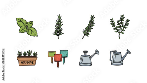 Herb garden elements in hand-drawn style: plants, markers, and watering tools