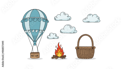 Playful hot air balloon set with basket and campfire elements