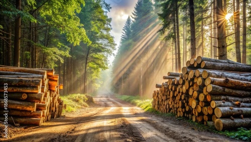 Sunbeams Illuminate a Forest Path Flanked by Stacks of Timber Logs