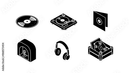 Isometric retro music icons set: vinyl, turntable, headphones, radio, record case