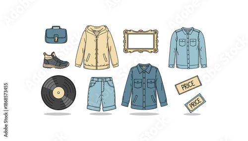 Vintage market finds: fashion, music, and home decor in hand drawn style