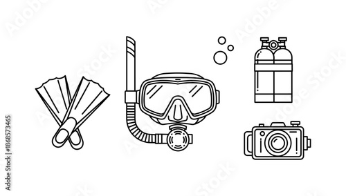 Diving gear essentials in outline style: snorkel, fins, camera, oxygen tanks