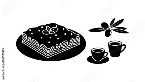 Silhouette of lasagna dish with olives and coffee cups on white background