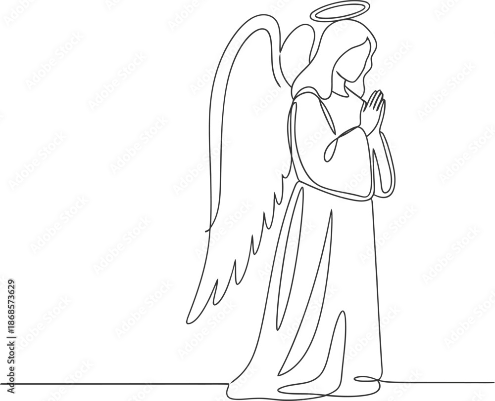 Fototapeta premium Angel praying with hands together in continuous line art style on white background