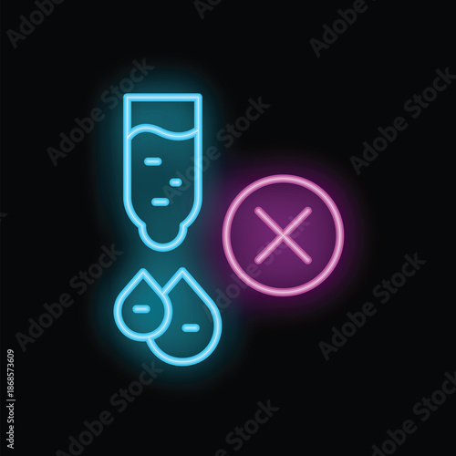 Neon sign representing a leaking bottle with drops falling from it and a cross mark indicating prohibition