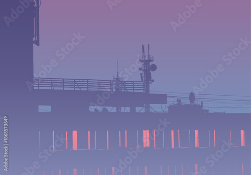 Vaporwave styled evening in blue and pink colors. Urban building silhouette on smoked sky above residential rooftop