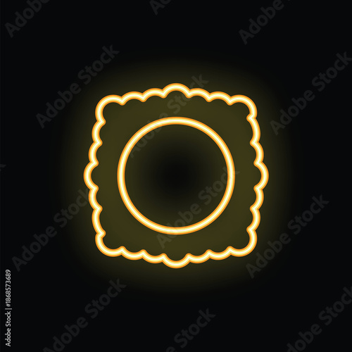 Yellow glowing neon icon representing ravioli pasta, isolated on black background
