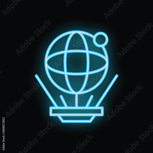Neon blue icon of a globe floating over a platform with a satellite orbiting above