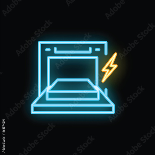 Neon icon of a 3d printer creating an object with a laser beam shining, representing modern manufacturing technology