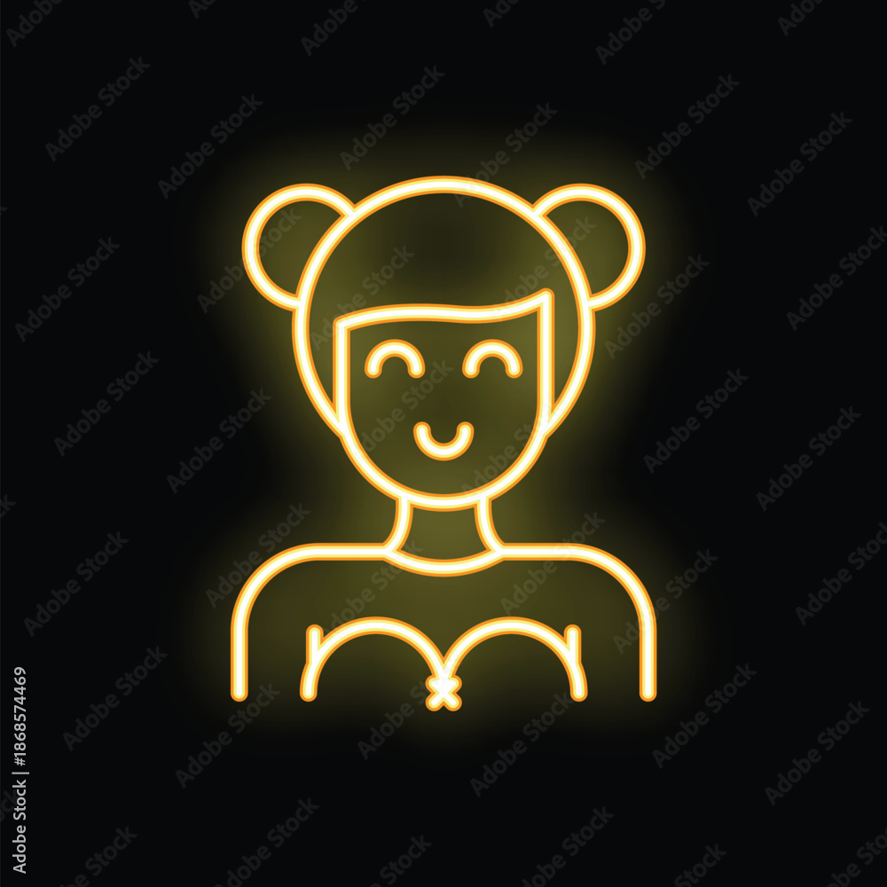 Obraz premium Yellow neon sign depicting a smiling young woman with her hair tied in two buns on a black background