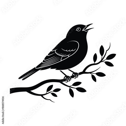 Isolated black silhouette of songbird, perched on branch, singing a beautiful nature song, delivering a song for love and tenderness