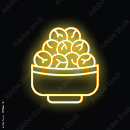 Neon icon of brussels sprouts in a bowl, glowing yellow on black background