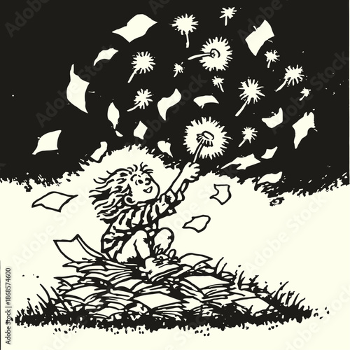 Whimsical Cartoon of a Girl Reading Amidst Flying Pages