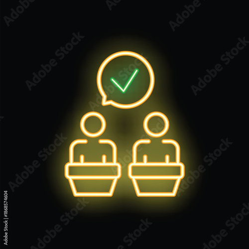 Neon sign representing two politicians speaking behind a podium with a green check mark above them