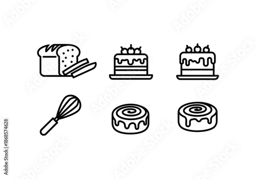 Vector ilustration conLine art icons of baked goods and baking tools, featuring bread, cakes, cinnamon rolls, and a whisk.cept 