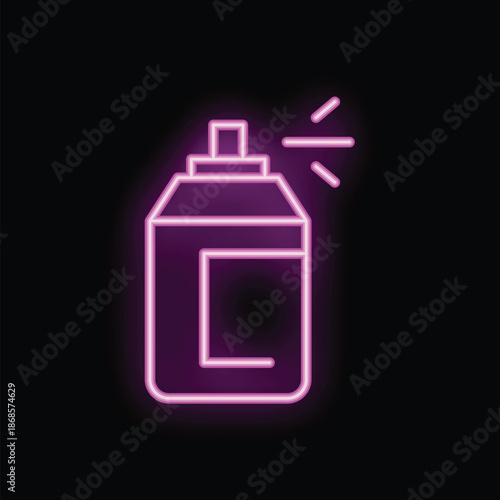 Bright purple neon sign of a spray can spraying on a black background