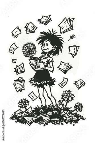 Whimsical Cartoon of a Girl Reading Amidst Flying Pages