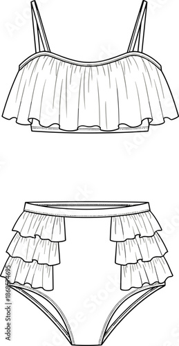 Technical flat sketch of women's ruffle bikini mockup set, frill crop top and high waisted tiered ruffle bottoms, swimwear vector.