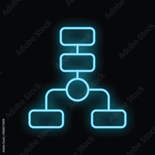 Neon blue flowchart representing an algorithm is glowing on a black background