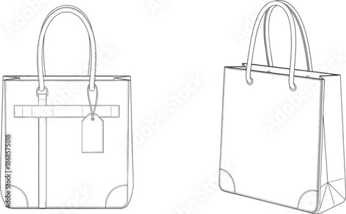 Technical flat sketches of a tote bag mockup set, shopping handbag with handles and tag, fashion vector illustration for accessories.