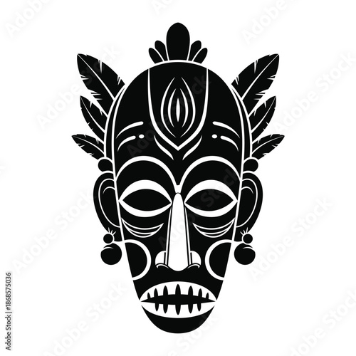 Mask of tribal african style with feathers and facial decorations