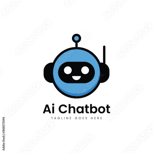 Cute AI Chatbot Logo Template Featuring Smiling Robot Head with Antenna in Blue Black Vector