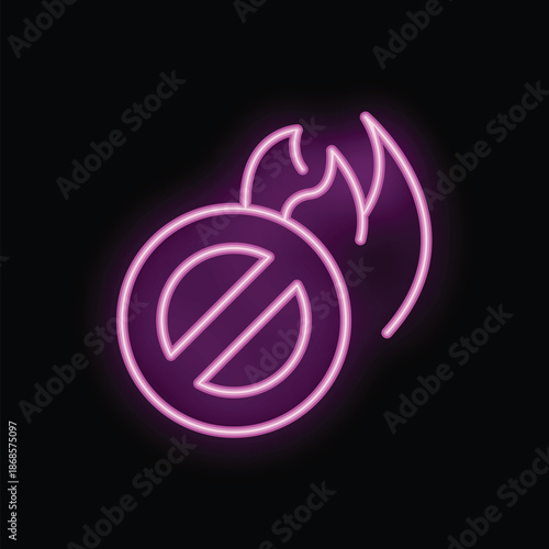 Neon style no fire sign glowing purple on a black background