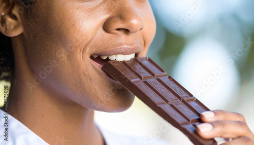 Young woman bites large dark chocolate bar outside. Girl enjoys sweet cocoa dessert in summer. Happy person eats candy, feeling pleasure. Healthy lifestyle choice concept