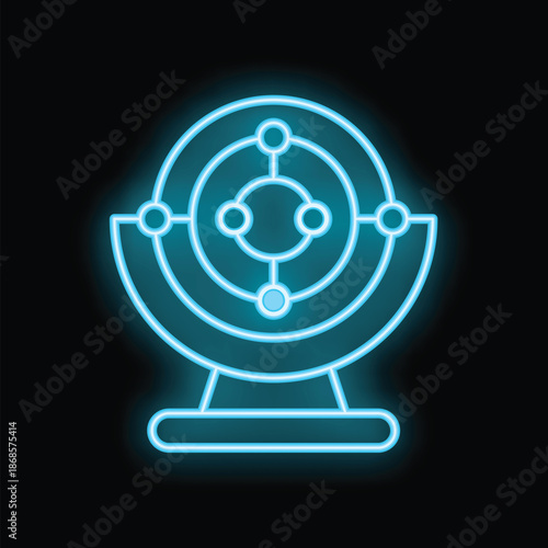 Blue glowing neon icon of an orbital model with electrons orbiting a nucleus on a black background