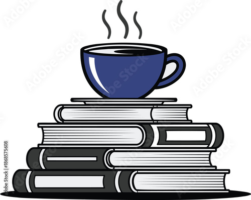 Stack of books with coffee cup illustration