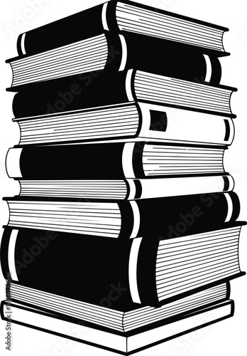 Stack of hardcover books in black and white illustration
