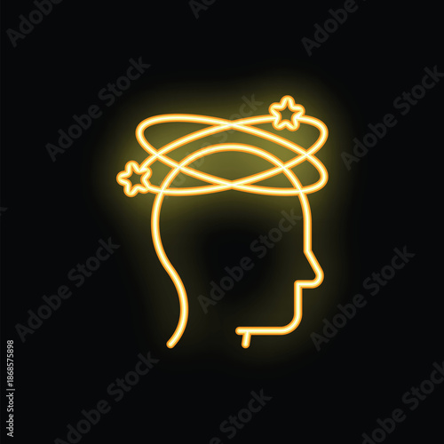 Neon sign showing a dizzy person feeling sick, with stars spinning around their head