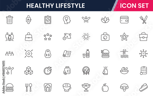 Vibrant vector web line icons depicting healthy lifestyle, fitness, nutrition, wellness, exercise, and balanced habits for vibrant living.