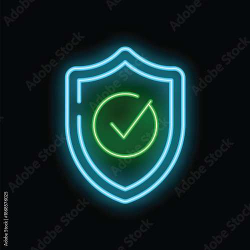 Glowing neon shield with a check mark is assuring protection and security