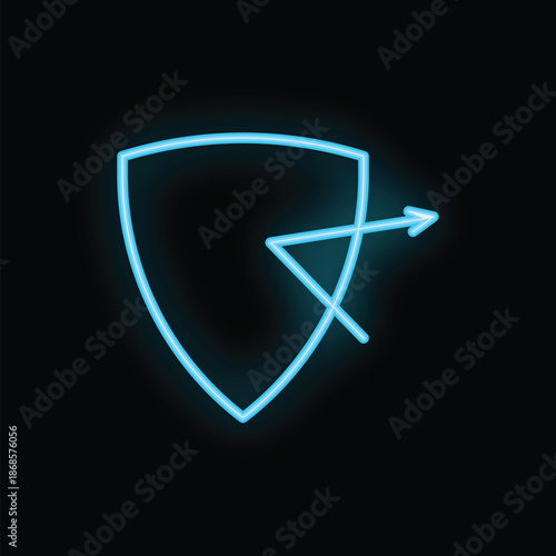 Bright blue neon shield is deflecting a bright blue neon arrow on a black background