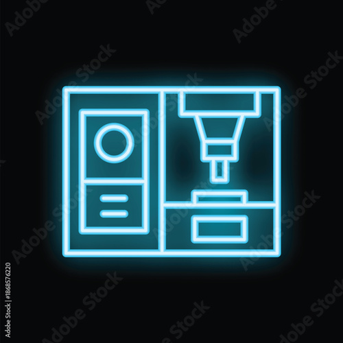 Neon icon of a water dispenser is glowing brightly against a dark background