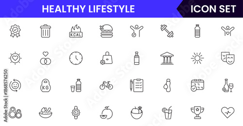 Vibrant vector web line icons depicting healthy lifestyle, fitness, nutrition, wellness, exercise, and balanced habits for vibrant living.
